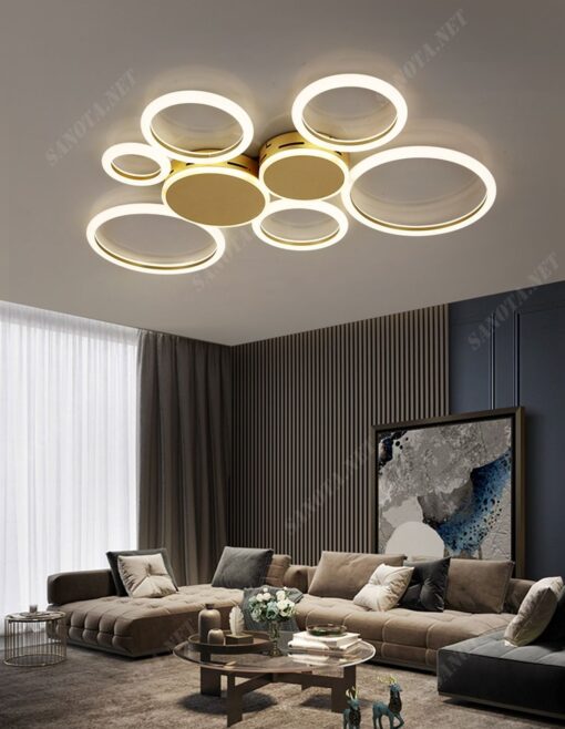 chiếc đèn ốp trần có thiết kế là những vòng tròn đèn led màu vàng mang phong cách hiện đại phù hợp không gian phòng khách và phòng ngủ