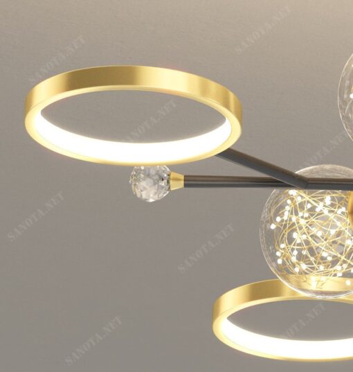 chiếc đèn kết hợp 2 gam màu đen và vàng, màu đen của thân dèn, màu vàng của bóng đèn, sự thiết kế của vòng tròn đèn led và bóng tròn thuỷ tinh trong suốt