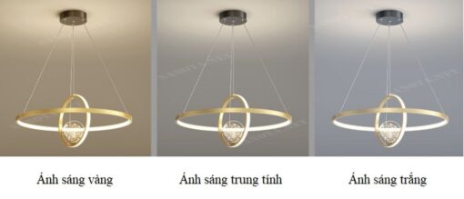 chiếc đèn chùm bằng đòng mạ vàng với thiết kế hai vòng trong được sắp xếp tgioongs hành tinh sao thổ kết hợp bóng đèn tròn chao thuỷ tinh trong suốt