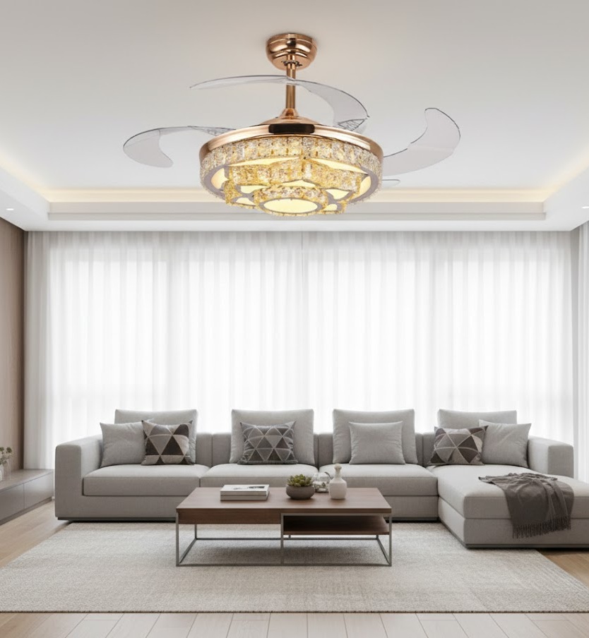 Đèn Quạt Trần Pha Lê Ẩn Cánh Vifa23