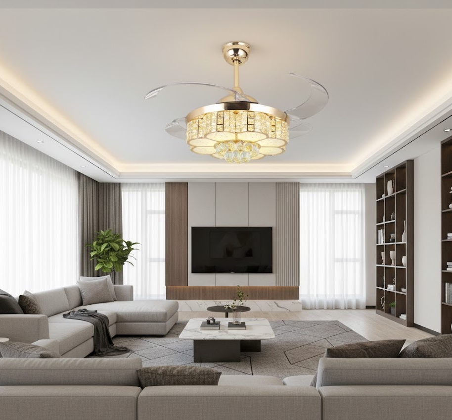 Quạt Trần Đèn Chùm Pha Lê Vàng Hiện Đại vifa21