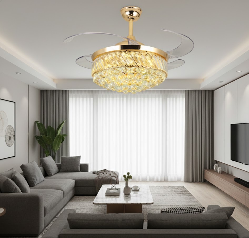 Đèn Quạt Trần Pha Lê Vàng Hiện Đại Vifa19