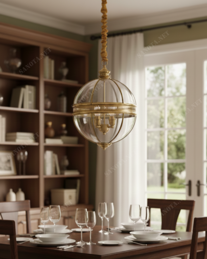 Đèn thả đồng quả cầu cổ điển SNT3371 sở hữu một hình dáng quả cầu đặc trưng, gợi nhớ đến những chiếc đèn lồng hàng hải cổ kính, kiến trúc Châu Âu cổ điển..