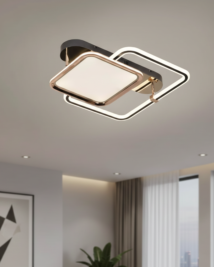 Đèn ốp trần led hai hình vuông SNT3845 lý tưởng cho các căn hộ có trần không quá cao. Thiết kế là sự hòa quyện giữa khung kim loại màu vàng hồng sang trọng