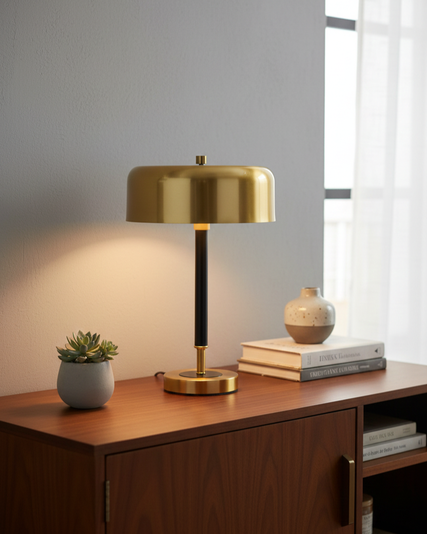 Đèn bàn chao đồng hiện đại SNT4092 - Phần chao đèn hình trụ thấp bo cong mềm mại. Được hoàn thiện bằng lớp mạ vàng bóng, tạo cảm giác cao cấp ...