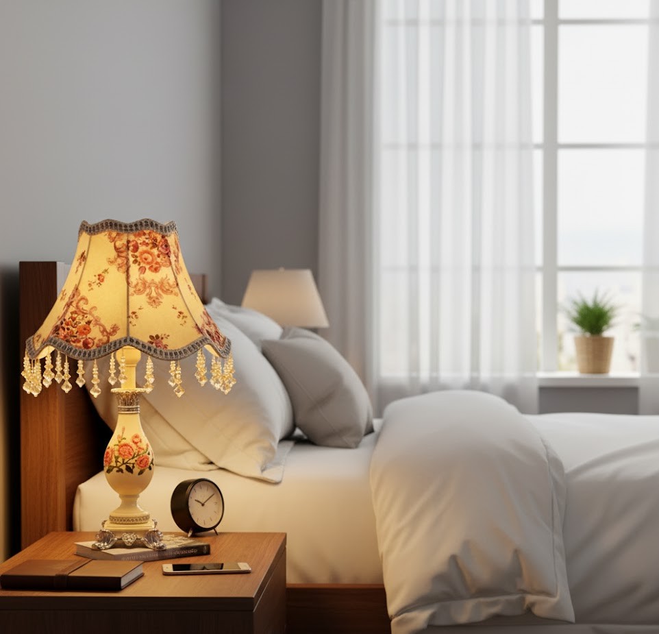Đèn bàn cổ điển gây ấn tượng với phần chao đèn vải họa tiết hoa vintage tinh xảo, đường viền uốn lượn mềm mại cùng những hạt tua rua ánh vàng rủ xuống đầy duyên dáng. Khi ánh sáng lan tỏa qua lớp vải, không gian trở nên dịu dàng, ấm áp. Tạo nên cảm giác thư thái và gần gũi. Thân đèn được làm bằng chất liệu gốm sứ cao cấp, trang trí bằng họa tiết hoa hồng thủ công tinh tế. Tượng trưng cho sự thanh lịch và tình yêu vĩnh cửu. Đế đèn bằng kim loại mạ đồng cổ điển giúp tổng thể thêm phần vững chắc và sang trọng.