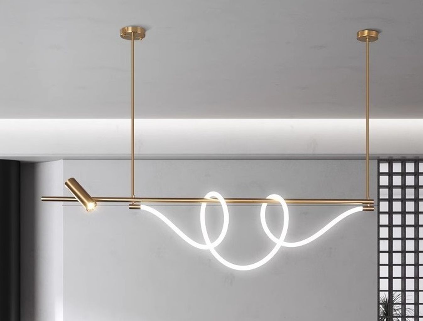 Điểm nổi bật của chiếc đèn thả hiện đại này nằm ở chi tiết LED dây tạo hình vòng lặp mềm mại như dải lụa lơ lửng. Ánh sáng trắng dịu nhẹ mang đến cảm giác ấm cúng cho bữa cơm gia đình, đồng thời đủ nổi bật để trở thành tâm điểm trong phòng ăn, quầy bar hay không gian tiếp khách.