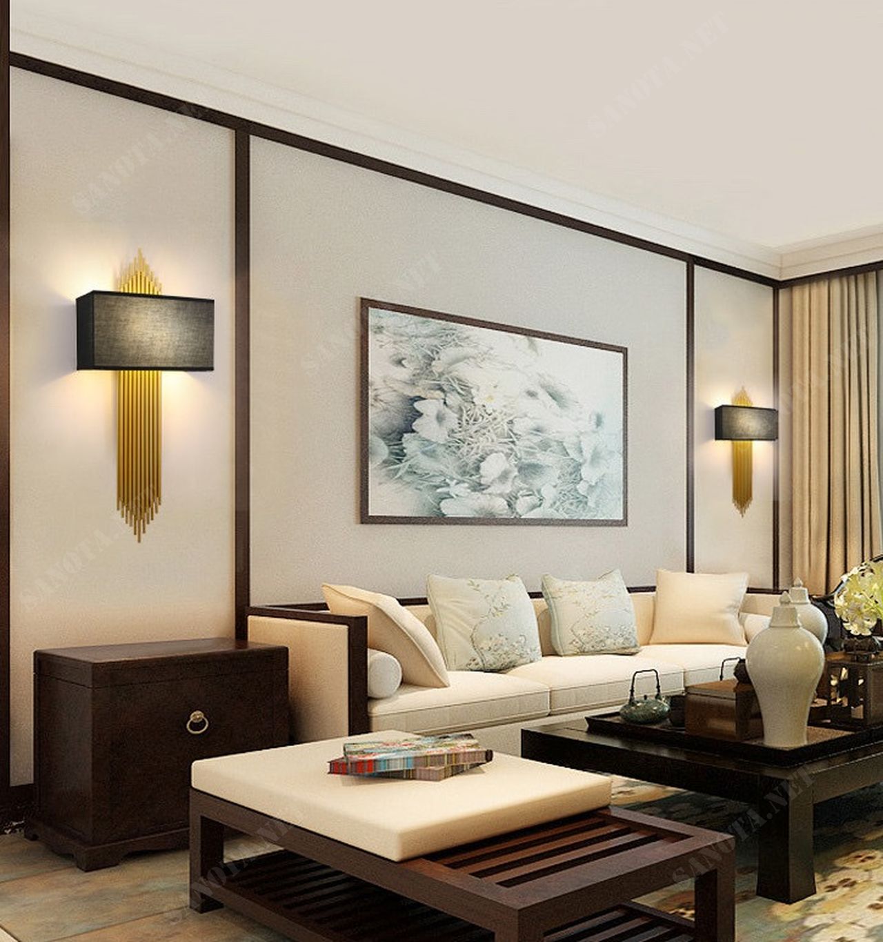 Chiếc đèn gắn tường này tỏa ra vẻ đẹp dịu dàng và sang trọng trong từng đường nét của nó. Với thiết kế độc đáo, thân đèn được tạo hình từ những ống vàng mềm mại, như những sợi tre tự nhiên vươn lên trên tường một cách tinh tế và gần gũi.