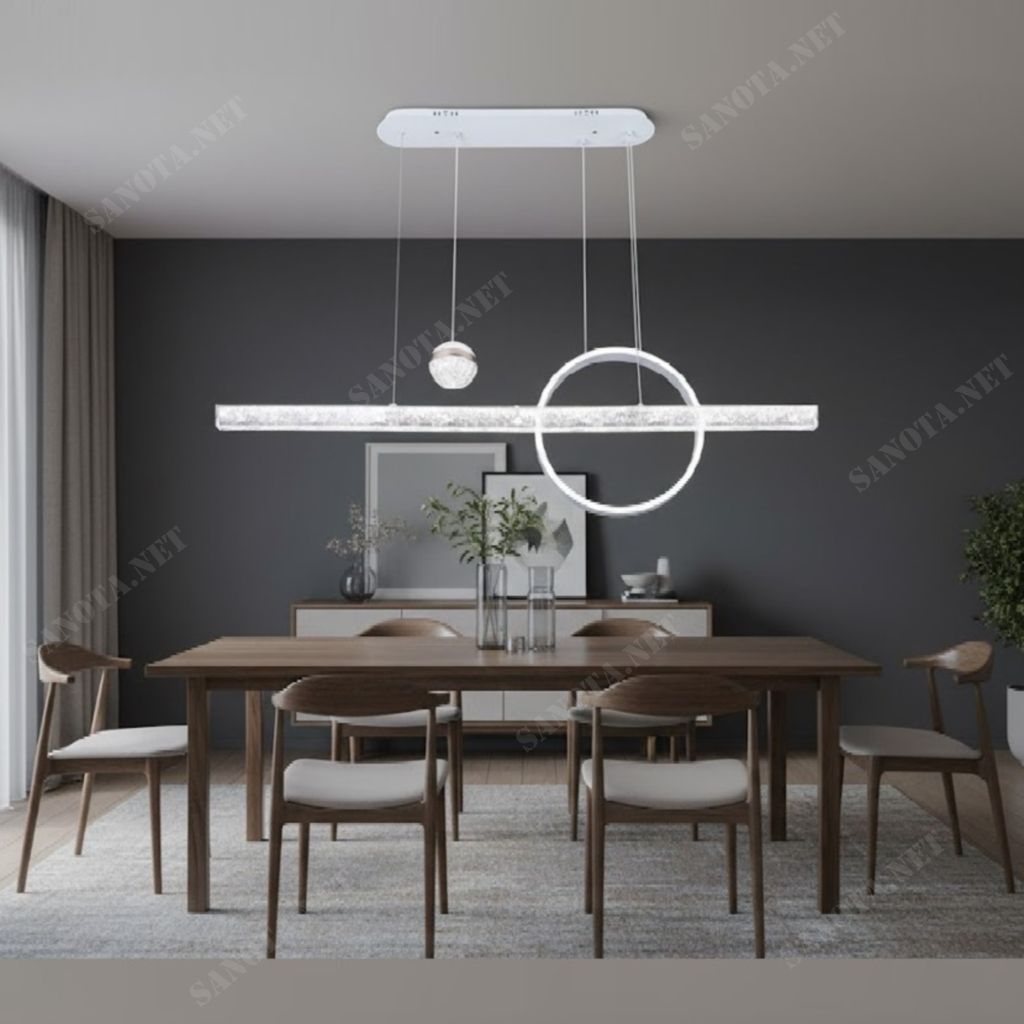 Đèn chùm bàn ăn hiện đại gây ấn tượng với thiết kế tối giản mà tinh tế, lấy cảm hứng từ những đường nét hình học cân xứng