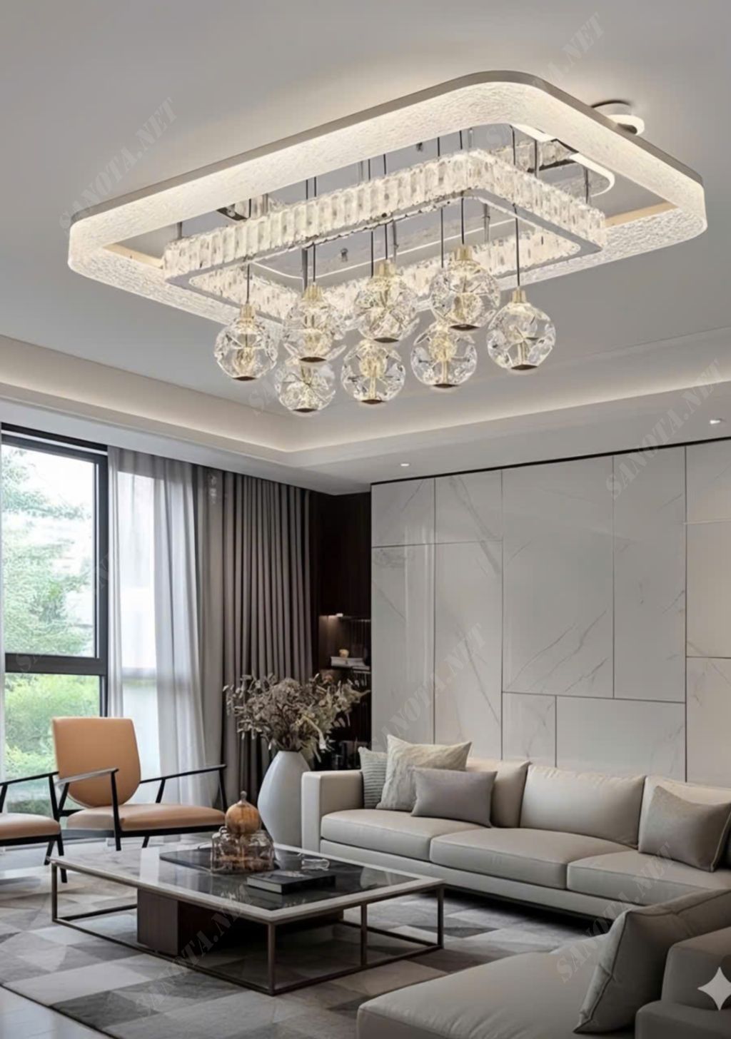 Đèn ốp trần pha lê kết hợp quả cầu hiện đại chính là minh chứng hoàn hảo cho sự hòa quyện giữa nét sang trọng cổ điển và phong cách hiện đại tối giản.