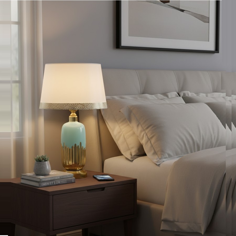 Đèn bàn trang trí gốm sứ là sự kết hợp hoàn hảo giữa vẻ đẹp truyền thống của gốm sứ và phong cách thiết kế hiện đại. Phần thân đèn được tạo hình thanh thoát với gam màu xanh ngọc sâu quyện cùng sắc vàng ánh kim sang trọng, gợi cảm giác ấm áp nhưng vẫn đầy tinh tế. Mỗi chi tiết đều được trau chuốt tỉ mỉ, thể hiện sự khéo léo và đẳng cấp trong chế tác.