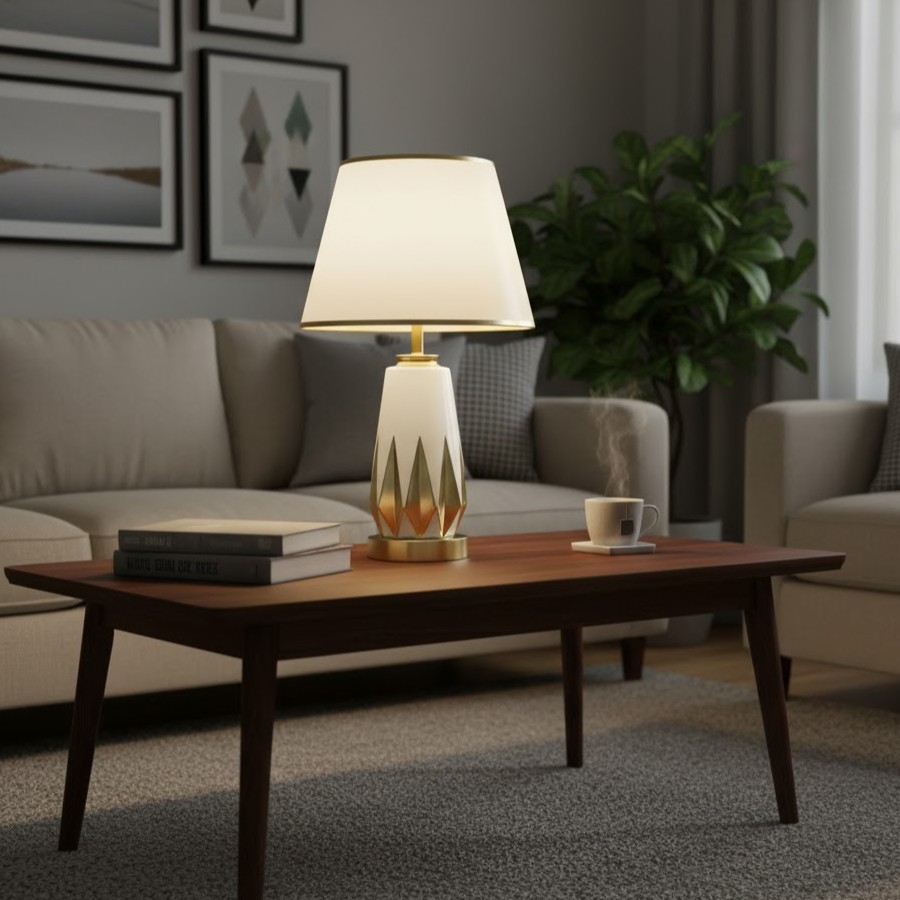 Chiếc đèn gốm sứ để bàn Ánh Ngọc là biểu tượng của sự tối giản tinh tế và đẳng cấp trong trang trí nội thất. Với thân đèn được chế tác từ gốm sứ cao cấp, phối màu trắng ngà điểm xuyết họa tiết hình khối vàng ánh kim, sản phẩm mang đến cảm giác sang trọng, nhẹ nhàng và hiện đại. Từng chi tiết được gia công tỉ mỉ, phản chiếu ánh sáng dịu dàng, giúp căn phòng trở nên ấm áp và cuốn hút hơn bao giờ hết.