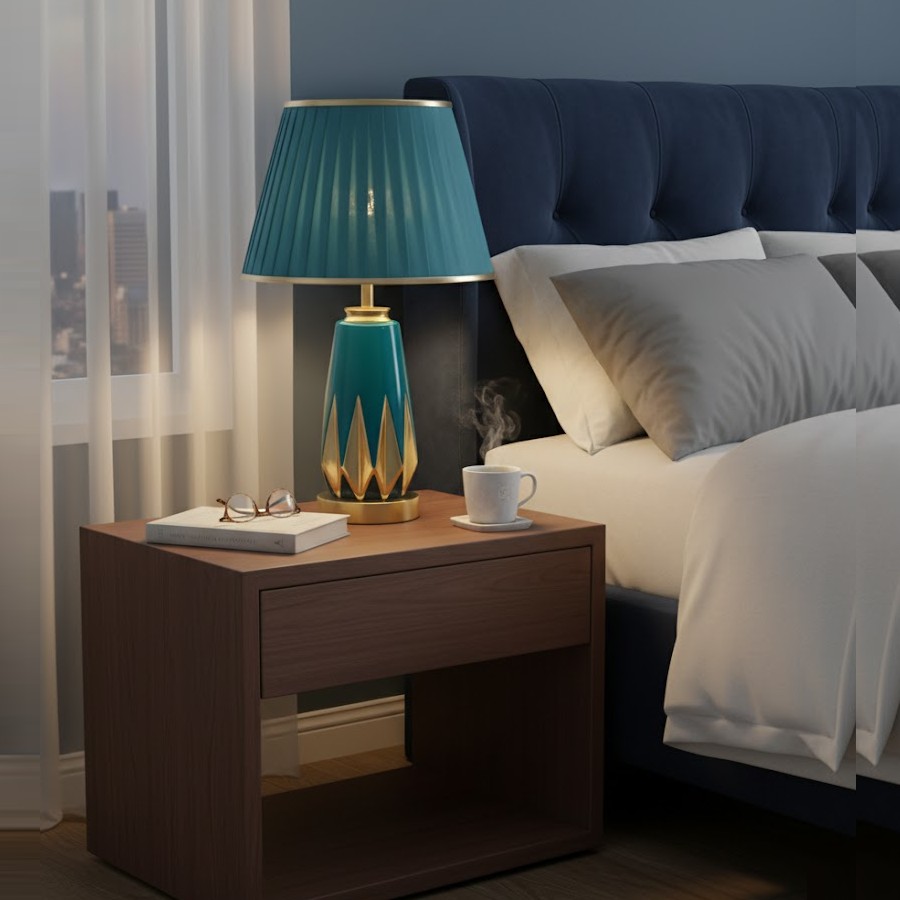 Đèn bàn gốm trang trí sang trọng gây ấn tượng mạnh mẽ ngay từ cái nhìn đầu tiên với gam màu xanh ngọc sâu thẳm kết hợp cùng ánh vàng kim sang trọng. Thân đèn được chế tác thủ công từ gốm sứ cao cấp, phủ men bóng tinh xảo, tạo nên hiệu ứng phản chiếu ánh sáng đầy cuốn hút. Mỗi đường nét thiết kế đều toát lên vẻ hiện đại, nhưng vẫn giữ được sự mềm mại, thanh lịch – một điểm nhấn hoàn hảo cho mọi không gian nội thất.