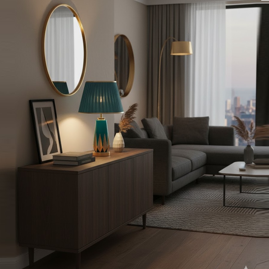 Đèn bàn gốm trang trí sang trọng gây ấn tượng mạnh mẽ ngay từ cái nhìn đầu tiên với gam màu xanh ngọc sâu thẳm kết hợp cùng ánh vàng kim sang trọng. Thân đèn được chế tác thủ công từ gốm sứ cao cấp, phủ men bóng tinh xảo, tạo nên hiệu ứng phản chiếu ánh sáng đầy cuốn hút. Mỗi đường nét thiết kế đều toát lên vẻ hiện đại, nhưng vẫn giữ được sự mềm mại, thanh lịch – một điểm nhấn hoàn hảo cho mọi không gian nội thất.