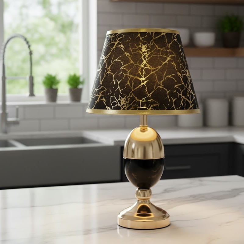 Đèn bàn trang trí chao vải họa tiết vân vàng sang trọng – tinh tế – đầy cá tính. Là lựa chọn hoàn hảo cho những không gian nội thất đẳng cấp. Với thiết kế độc đáo, chiếc đèn này toát lên vẻ đẹp quyền quý nhờ sự kết hợp hài hòa giữa sắc đen huyền bí và vàng kim sang trọng. Tạo nên điểm nhấn nổi bật giữa không gian sống hoặc làm việc.