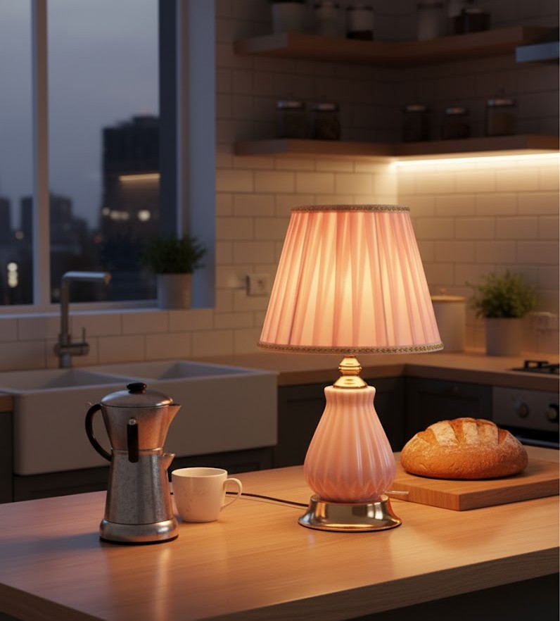 Đèn bàn trang trí phòng ngủ được thiết kế tinh tế với thân đèn gốm sứ phủ men. Tạo cảm giác nhẹ nhàng, thanh thoát nhưng vẫn toát lên sự sang trọng. Phần chao đèn vải gấp nếp mềm mại, ánh sáng hắt ra nhẹ nhàng lan tỏa khắp không gian. Giúp bạn thư giãn sau một ngày dài mệt mỏi. Khi ánh đèn được bật lên, gam màu ấm áp hòa quyện cùng sắc hồng nhẹ, mang đến cảm giác an yên, lãng mạn cho căn phòng ngủ.