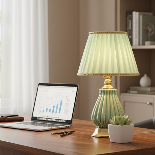 Đèn bàn trang trí phòng ngủ được thiết kế tinh tế với thân đèn gốm sứ phủ men. Tạo cảm giác nhẹ nhàng, thanh thoát nhưng vẫn toát lên sự sang trọng. Phần chao đèn vải gấp nếp mềm mại, ánh sáng hắt ra nhẹ nhàng lan tỏa khắp không gian. Giúp bạn thư giãn sau một ngày dài mệt mỏi. Khi ánh đèn được bật lên, gam màu ấm áp hòa quyện cùng sắc hồng nhẹ, mang đến cảm giác an yên, lãng mạn cho căn phòng ngủ.