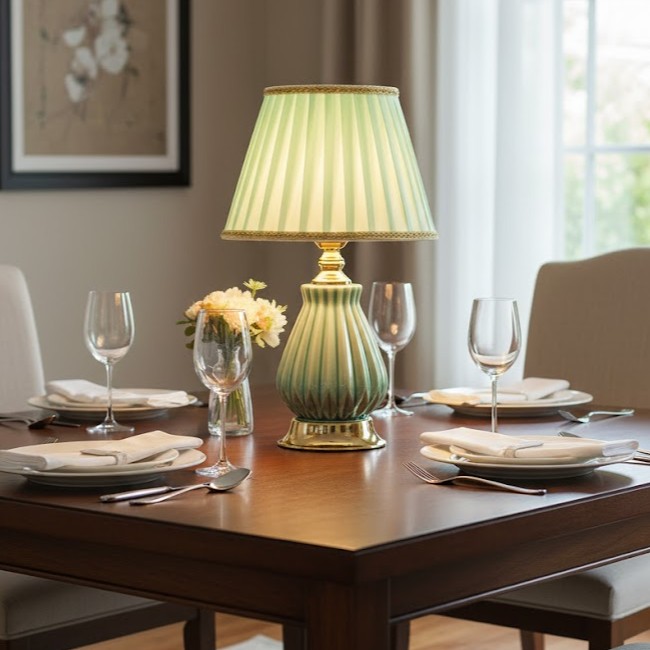 Đèn bàn trang trí phòng ngủ được thiết kế tinh tế với thân đèn gốm sứ phủ men. Tạo cảm giác nhẹ nhàng, thanh thoát nhưng vẫn toát lên sự sang trọng. Phần chao đèn vải gấp nếp mềm mại, ánh sáng hắt ra nhẹ nhàng lan tỏa khắp không gian. Giúp bạn thư giãn sau một ngày dài mệt mỏi. Khi ánh đèn được bật lên, gam màu ấm áp hòa quyện cùng sắc hồng nhẹ, mang đến cảm giác an yên, lãng mạn cho căn phòng ngủ.