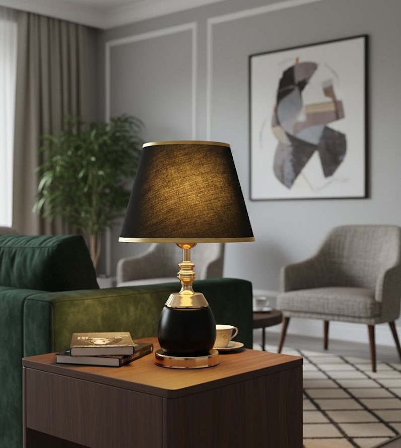 Đèn bàn trang trí cổ điển là lựa chọn hoàn hảo cho những ai yêu thích phong cách quý phái và đậm chất châu Âu. Với thiết kế tinh tế, phần thân đèn được chế tác từ chất liệu kim loại phủ sơn đen nhám kết hợp cùng các chi tiết mạ vàng sang trọng. Tạo nên một tổng thể đầy quyền quý và đẳng cấp. Chao đèn màu đen phối viền vàng làm nổi bật ánh sáng ấm áp, giúp không gian trở nên huyền ảo và cuốn hút hơn bao giờ hết.