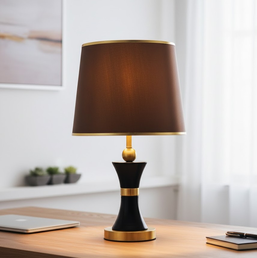 Đèn bàn Lumos Ánh Kim gây ấn tượng ngay từ cái nhìn đầu tiên với phần chụp đèn bằng vải nâu đồng mềm mại, tạo nên ánh sáng dịu nhẹ và ấm cúng. Thân đèn được chế tác từ kim loại mạ vàng cao cấp kết hợp cùng tông đen huyền bí, mang đến sự hài hòa giữa cổ điển và hiện đại. Những chi tiết bo tròn, cân đối và tinh xảo khiến chiếc đèn để bàn cổ điển này trở thành một tác phẩm nghệ thuật thực thụ.