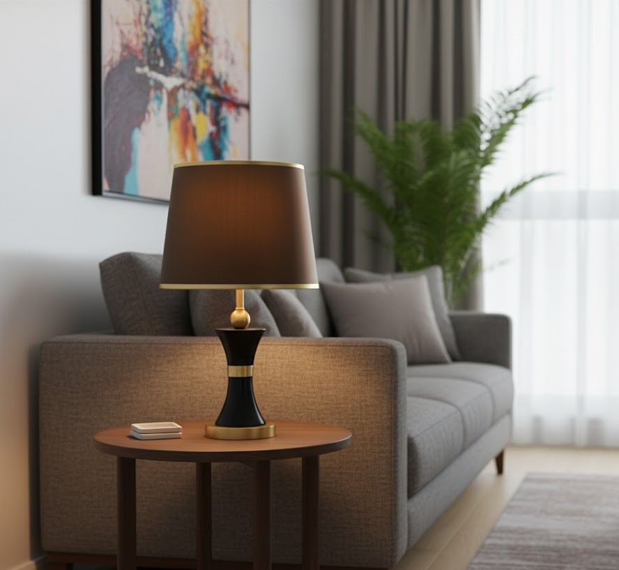 Đèn bàn Lumos Ánh Kim gây ấn tượng ngay từ cái nhìn đầu tiên với phần chụp đèn bằng vải nâu đồng mềm mại, tạo nên ánh sáng dịu nhẹ và ấm cúng. Thân đèn được chế tác từ kim loại mạ vàng cao cấp kết hợp cùng tông đen huyền bí, mang đến sự hài hòa giữa cổ điển và hiện đại. Những chi tiết bo tròn, cân đối và tinh xảo khiến chiếc đèn để bàn cổ điển này trở thành một tác phẩm nghệ thuật thực thụ.