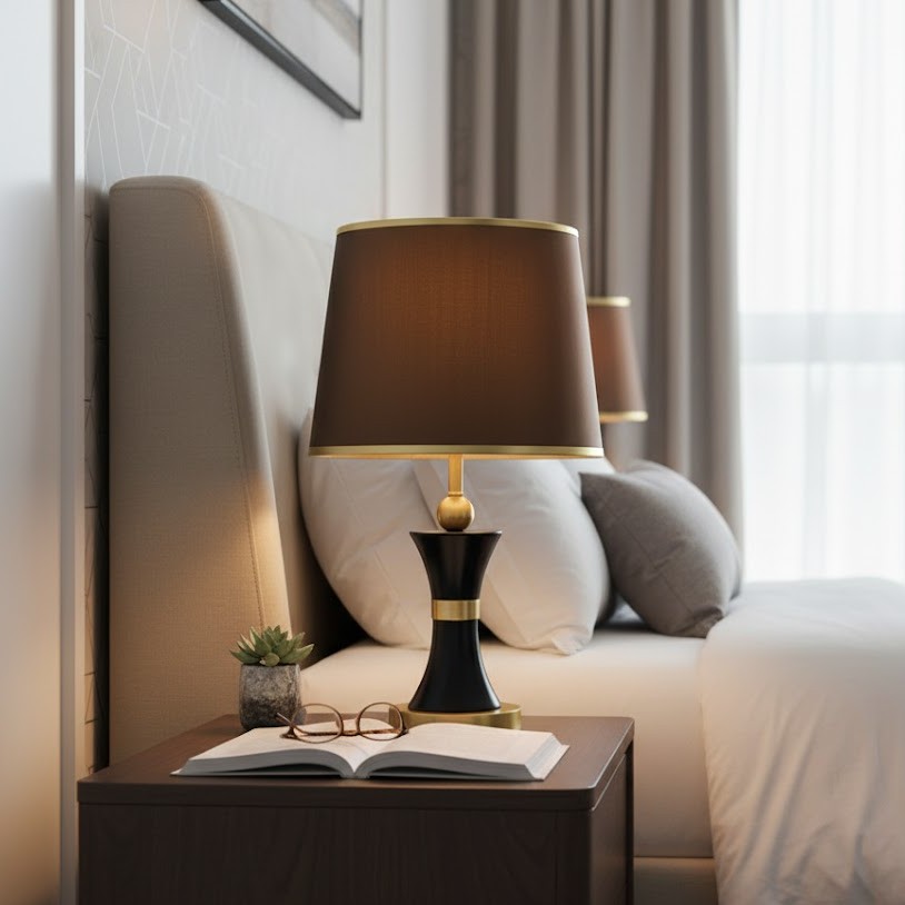 Đèn bàn Lumos Ánh Kim gây ấn tượng ngay từ cái nhìn đầu tiên với phần chụp đèn bằng vải nâu đồng mềm mại, tạo nên ánh sáng dịu nhẹ và ấm cúng. Thân đèn được chế tác từ kim loại mạ vàng cao cấp kết hợp cùng tông đen huyền bí, mang đến sự hài hòa giữa cổ điển và hiện đại. Những chi tiết bo tròn, cân đối và tinh xảo khiến chiếc đèn để bàn cổ điển này trở thành một tác phẩm nghệ thuật thực thụ.