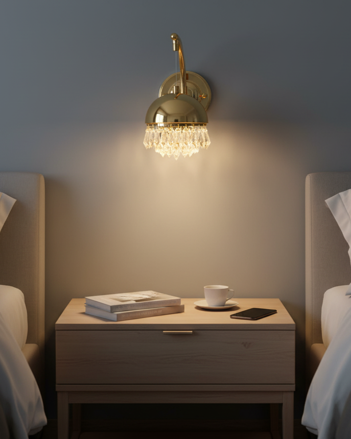 Đèn tường hạt pha lê SNT6061 thiết kế độc đáo với chụp đèn dạng bán cầu phủ màu vàng sang trọng. Mang đến nét đẹp hiện đại nhưng vẫn...