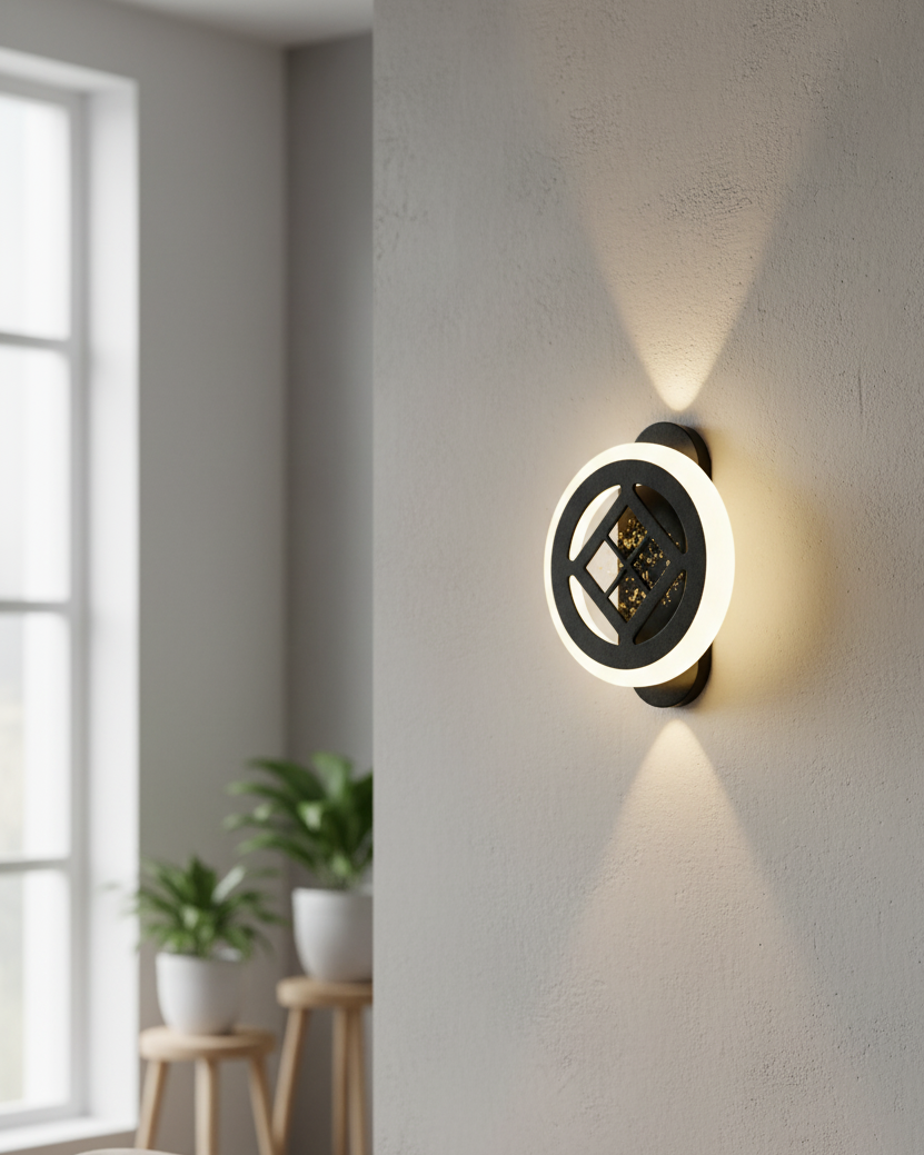 Đèn tường kim tiền huỳnh quang SNT6082 nổi bật với thiết kế hình tròn trên đế bầu dục. Tạo nên sự cân đối hài hòa. Chi tiết trung tâm là họa tiết ô cửa sổ..