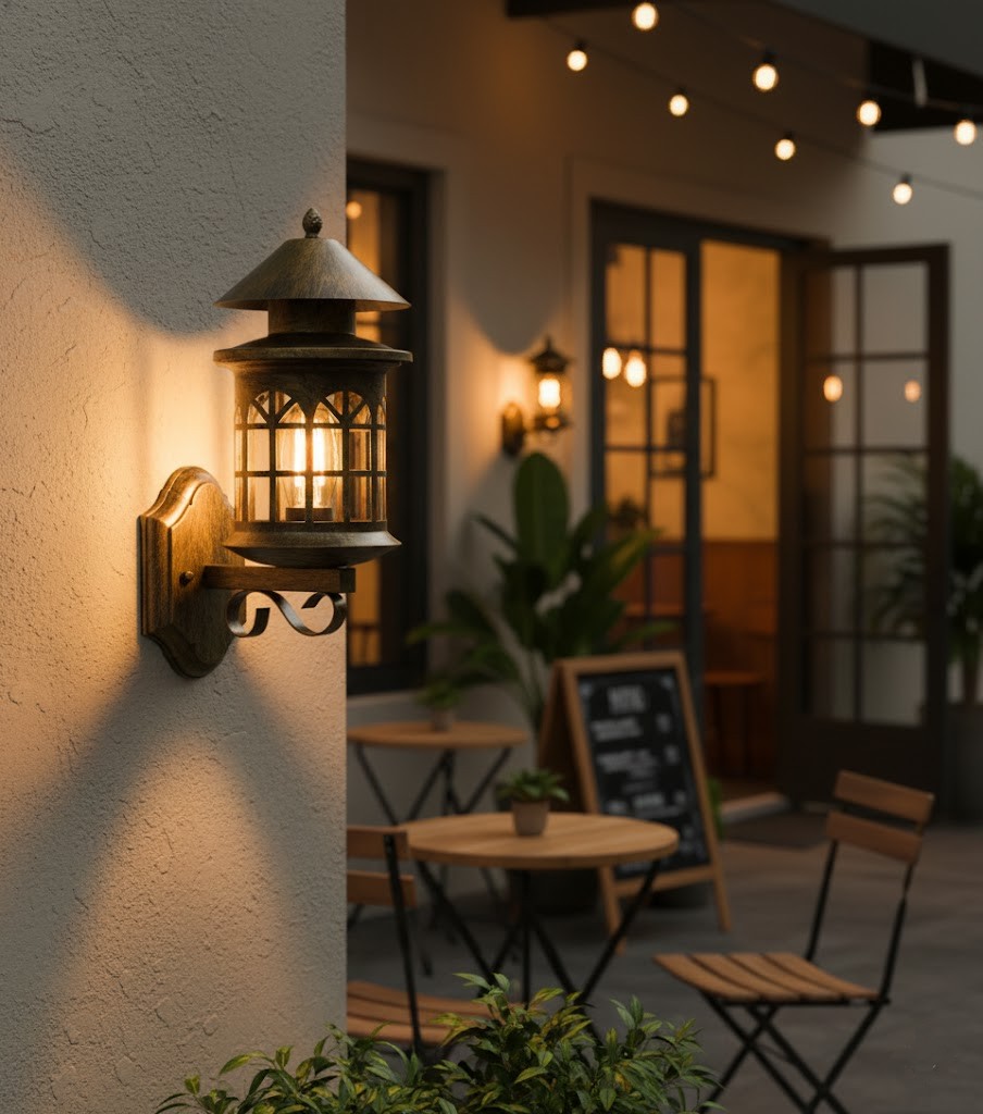 Đèn tường điểm nhấn không gian ngoài trời sở hữu kiểu dáng đậm chất vintage với mái chụp tròn rộng. Chao đèn dạng lồng cửa sổ vòm mang hơi hướng kiến trúc cổ châu Âu. Các ô kính thanh mảnh tạo hiệu ứng ánh sáng lung linh khi bật sáng, giúp cả không gian trở nên ấm cúng và đầy nghệ thuật.