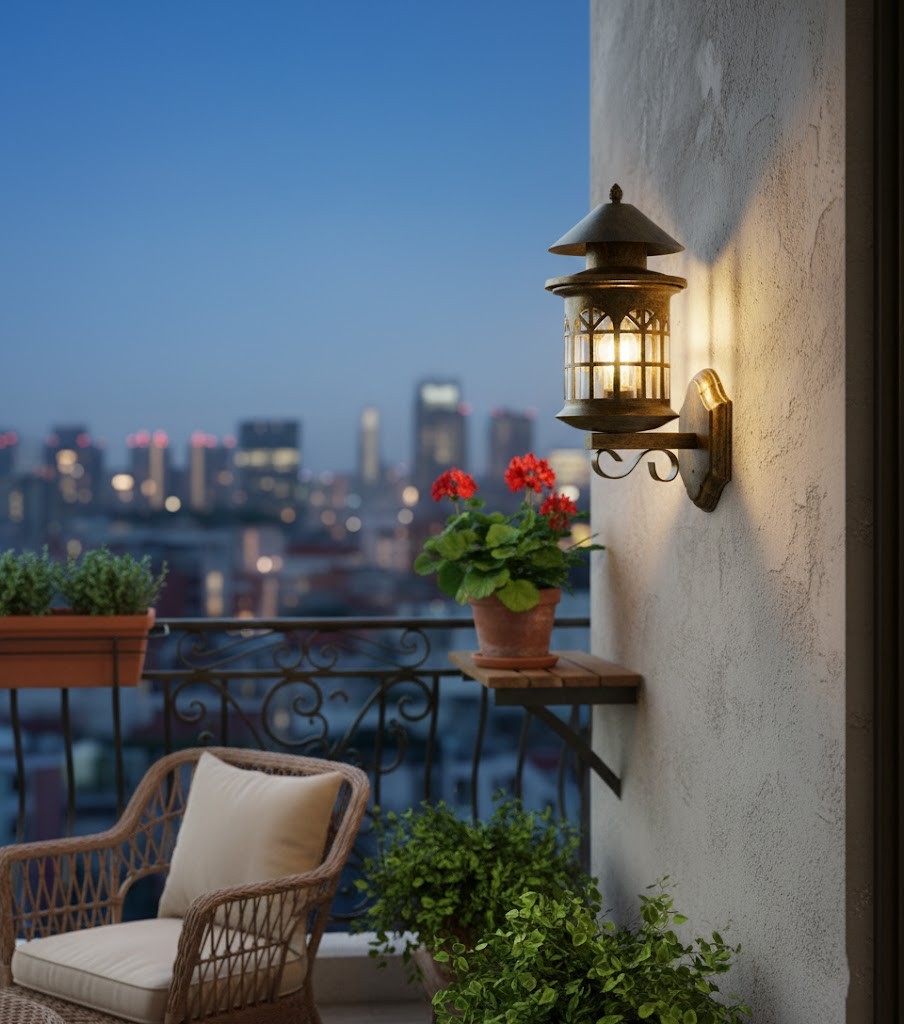 Đèn tường điểm nhấn không gian ngoài trời sở hữu kiểu dáng đậm chất vintage với mái chụp tròn rộng. Chao đèn dạng lồng cửa sổ vòm mang hơi hướng kiến trúc cổ châu Âu. Các ô kính thanh mảnh tạo hiệu ứng ánh sáng lung linh khi bật sáng, giúp cả không gian trở nên ấm cúng và đầy nghệ thuật.