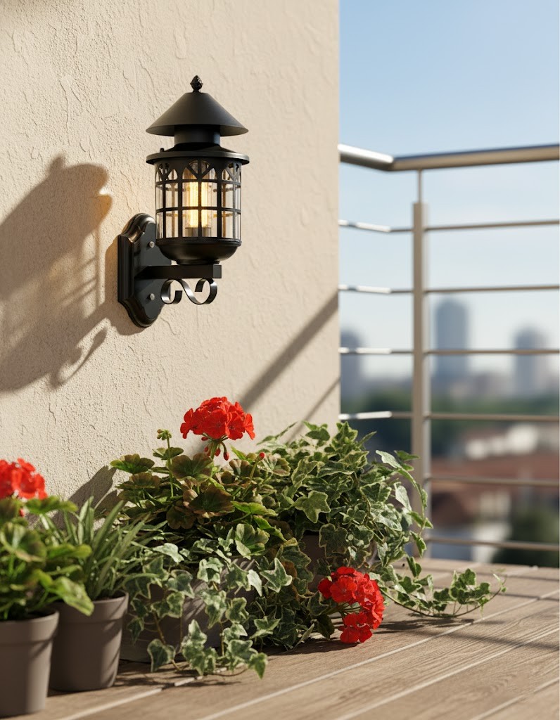 Đèn tường điểm nhấn không gian ngoài trời sở hữu kiểu dáng đậm chất vintage với mái chụp tròn rộng. Chao đèn dạng lồng cửa sổ vòm mang hơi hướng kiến trúc cổ châu Âu. Các ô kính thanh mảnh tạo hiệu ứng ánh sáng lung linh khi bật sáng, giúp cả không gian trở nên ấm cúng và đầy nghệ thuật.