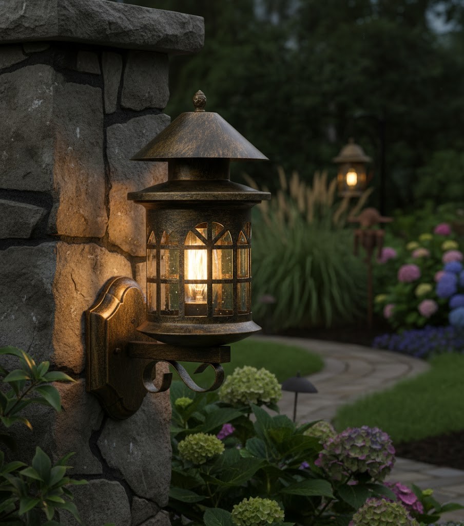 Đèn tường điểm nhấn không gian ngoài trời sở hữu kiểu dáng đậm chất vintage với mái chụp tròn rộng. Chao đèn dạng lồng cửa sổ vòm mang hơi hướng kiến trúc cổ châu Âu. Các ô kính thanh mảnh tạo hiệu ứng ánh sáng lung linh khi bật sáng, giúp cả không gian trở nên ấm cúng và đầy nghệ thuật.