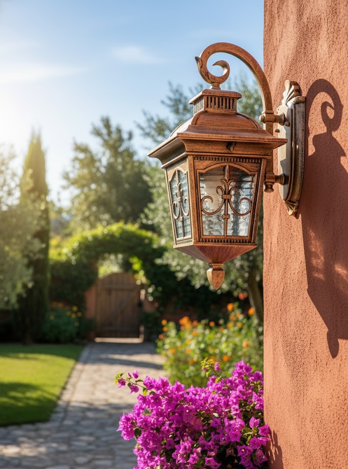 Đèn tường trang trí ngoại thất nổi bật với tone màu đồng ánh kim cổ điển, mang hơi thở của kiến trúc châu Âu. Phần thân đèn được tạo hình tinh xảo với những đường nét mềm mại, kết hợp cùng chao kính trong suốt giúp ánh sáng lan tỏa đồng đều. Nhìn vào chiếc đèn, bạn sẽ cảm nhận được sự chỉn chu, sang trọng và đầy tính thẩm mỹ. Hoàn hảo để làm điểm nhấn tại khu vực cửa chính, hiên nhà hay lối đi sân vườn.