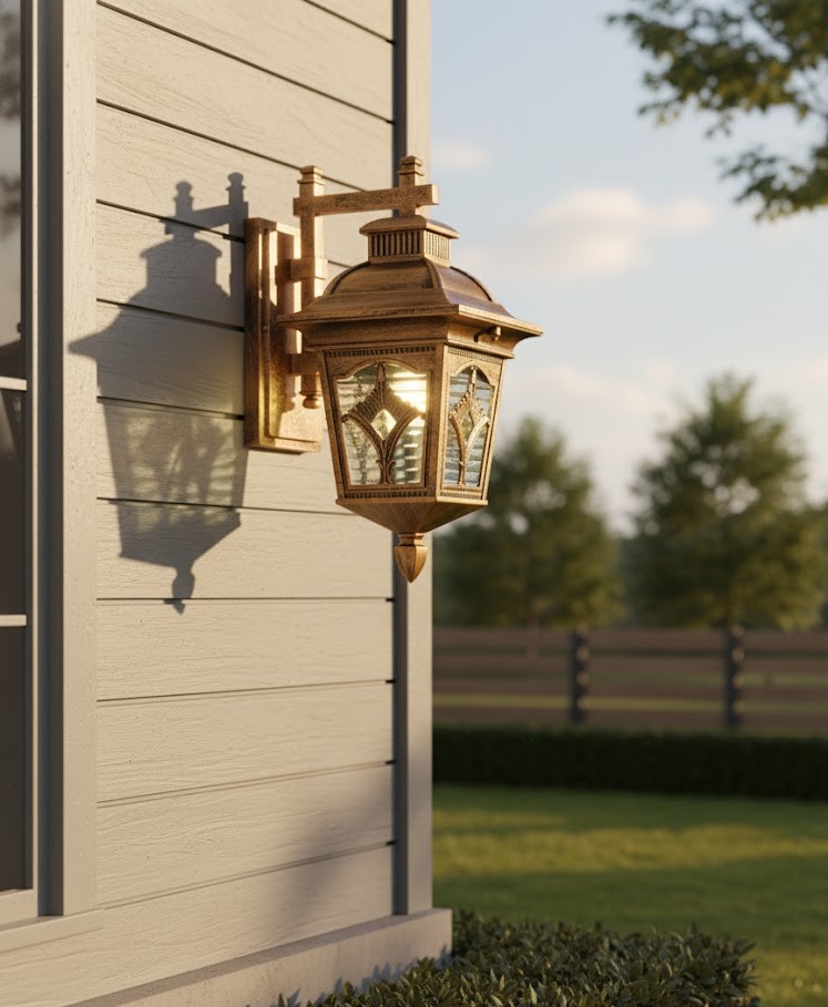 Đèn tường ngoại thất cổ điển là mẫu đèn trang trí ngoài trời mang phong cách quý phái và sang trọng, được chế tác theo tinh thần kiến trúc châu Âu cổ điển. Với lớp phủ màu vàng đồng nổi bật và những đường nét chạm khắc tinh tế. Chiếc đèn không chỉ đóng vai trò chiếu sáng mà còn là điểm nhấn nghệ thuật cho mọi không gian ngoại thất.