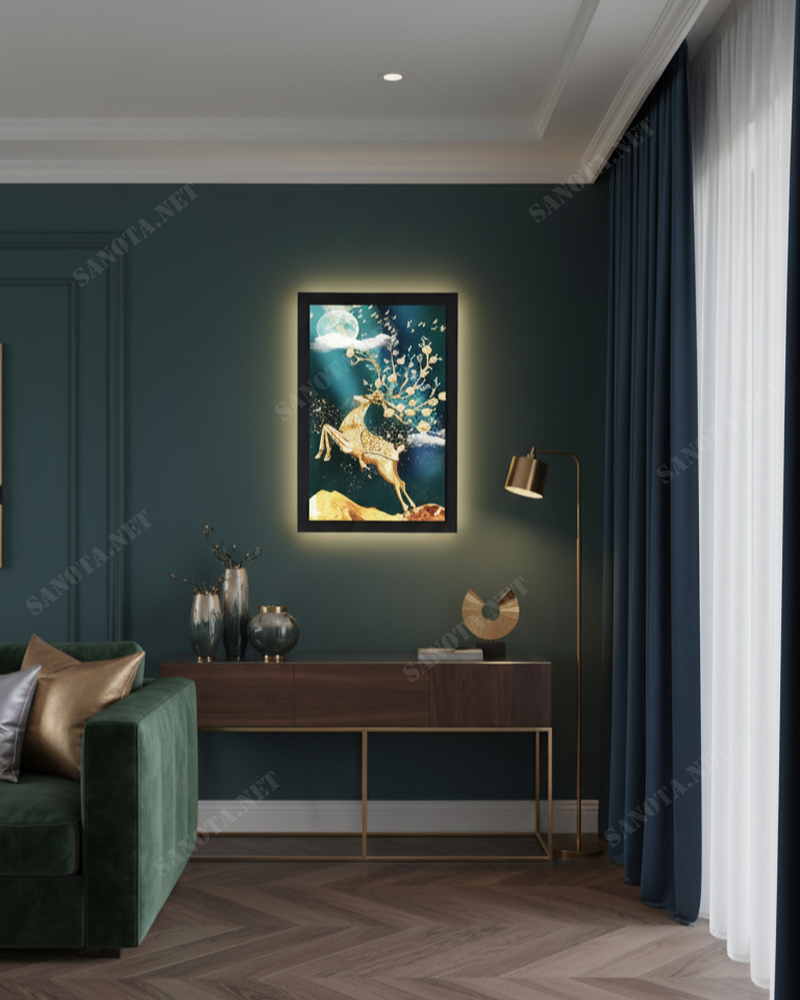 Đèn tường tranh chữ nhật nghệ thuật SNT6078 tranh nổi bật với ba mẫu tranh đứng có kích thước đồng bộ, lý tưởng để trang trí dọc theo hành lang, cột nhà....