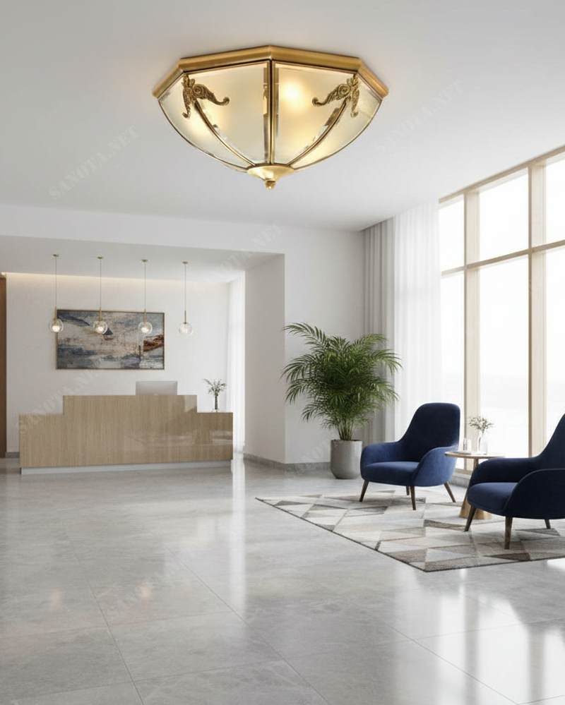 Đèn ốp trần đồng cánh cung hoạ tiết SNT6181 nổi bật với hình dáng khối vuông hoặc bát giác vát cạnh ở phần đế ốp trần. Nhưng chao đèn lại được .....