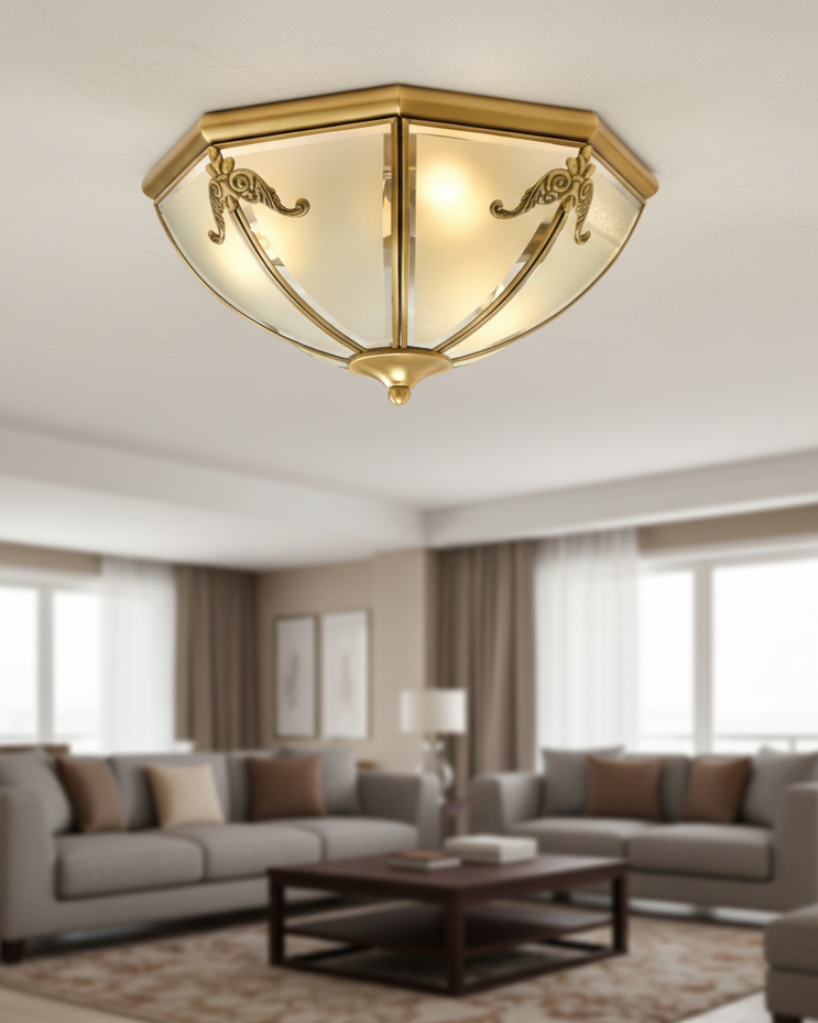 Đèn ốp trần đồng cánh cung hoạ tiết SNT6181 nổi bật với hình dáng khối vuông hoặc bát giác vát cạnh ở phần đế ốp trần. Nhưng chao đèn lại được .....