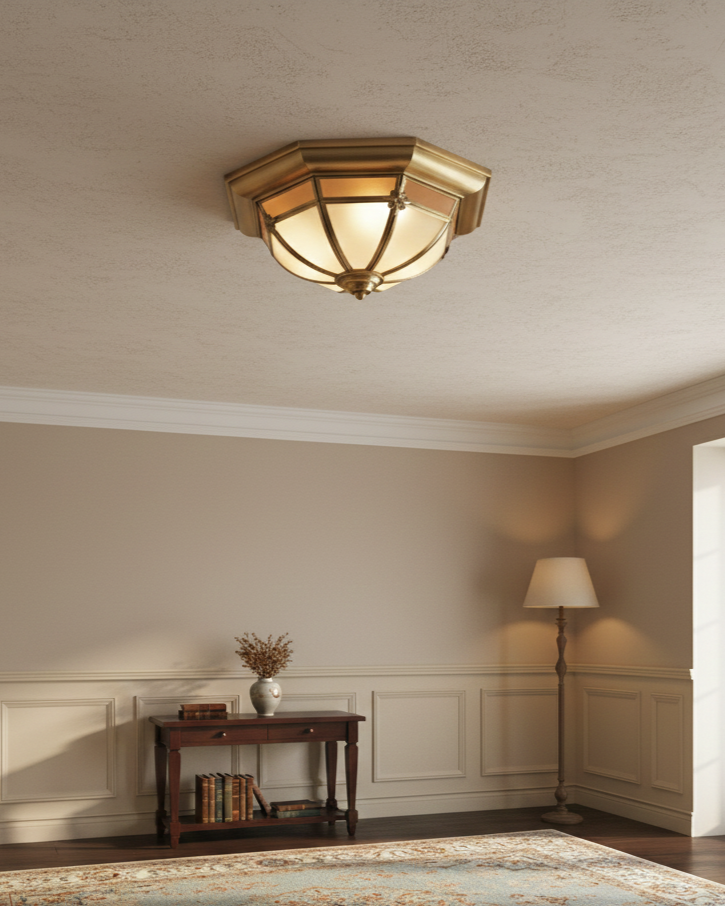 Đèn ốp trần đồng nguyên chất cổ điển SNT6182 có hình dạng bát giác (8 cạnh) ấn tượng. Được thiết kế để lắp đặt áp sát trần nhà (ốp trần).....