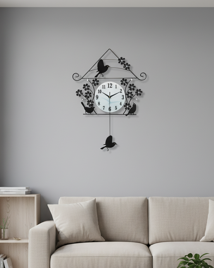 Đồng hồ vườn chim treo tường SNT6143 có cấu trúc tổng thể mô phỏng một ngôi nhà chim đơn giản với mái hình tam giác và đế ngang....