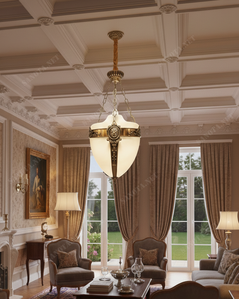 Đèn thả đồng nguyên chất cổ điển SNT3368 với sự kết hợp tinh tế giữa chất liệu đồng nguyên chất cao cấp và thủy tinh trắng đục. Phần chao đèn có .....