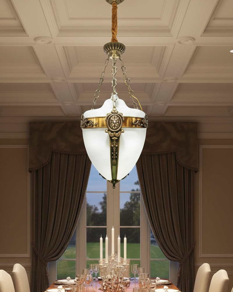 Đèn thả đồng nguyên chất cổ điển SNT3368 với sự kết hợp tinh tế giữa chất liệu đồng nguyên chất cao cấp và thủy tinh trắng đục. Phần chao đèn có .....