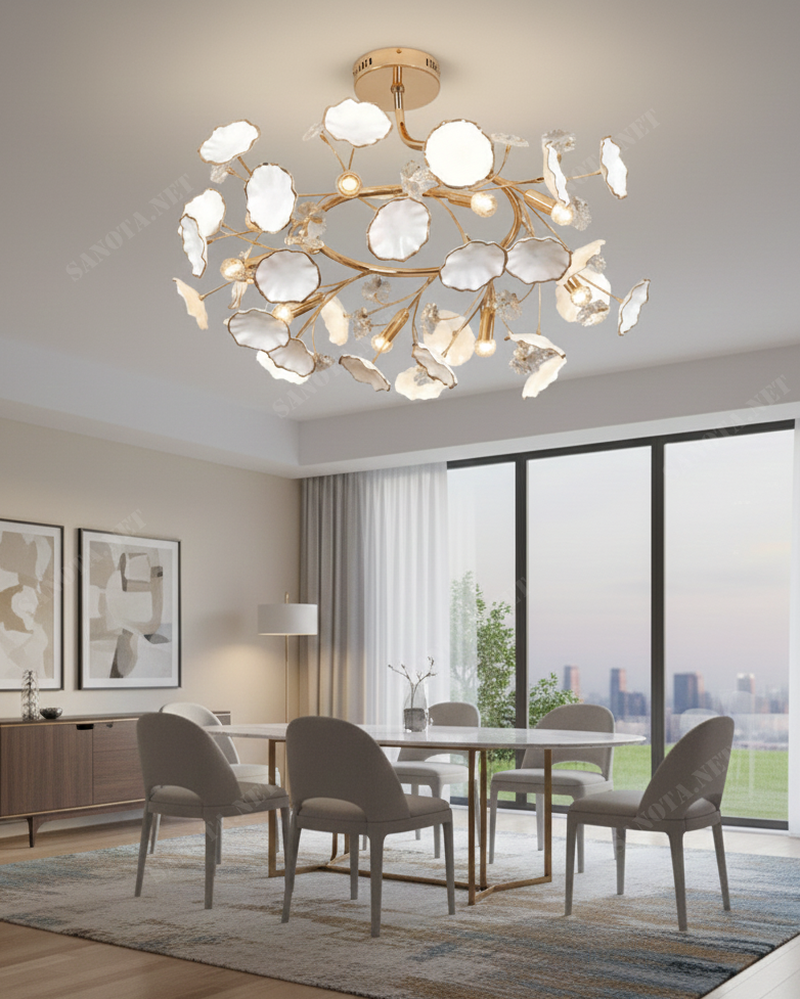 Đèn ốp trần vòng xoay hoa sứ và pha lê SNT6234 ở hữu thiết kế độc đáo và cầu kỳ, mang đậm phong cách tân cổ điển hoặc hiện đại lãng mạn....