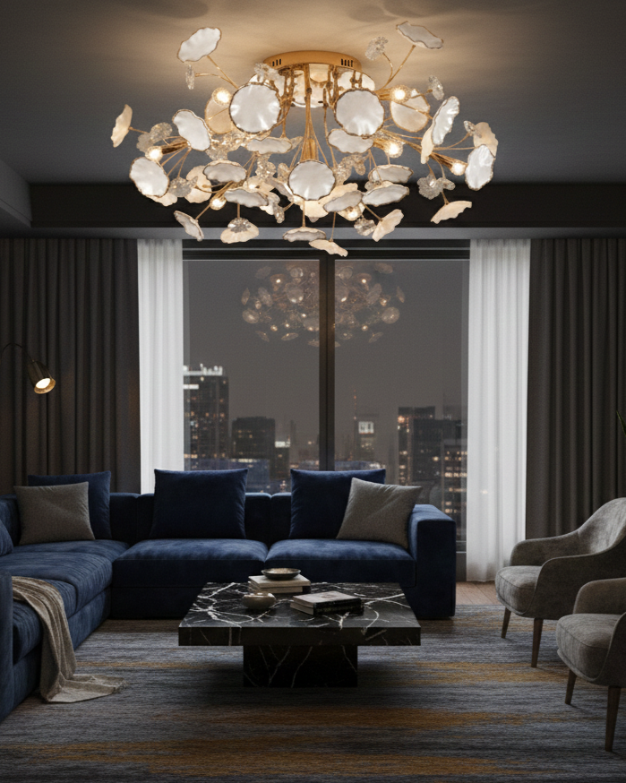 Đèn ốp trần hoa sứ kết hợp pha lê SNT6235 có cấu trúc đèn là một chùm hoa. Từ đó tỏa ra các nhánh hoa nhỏ uốn lượn mềm mại....