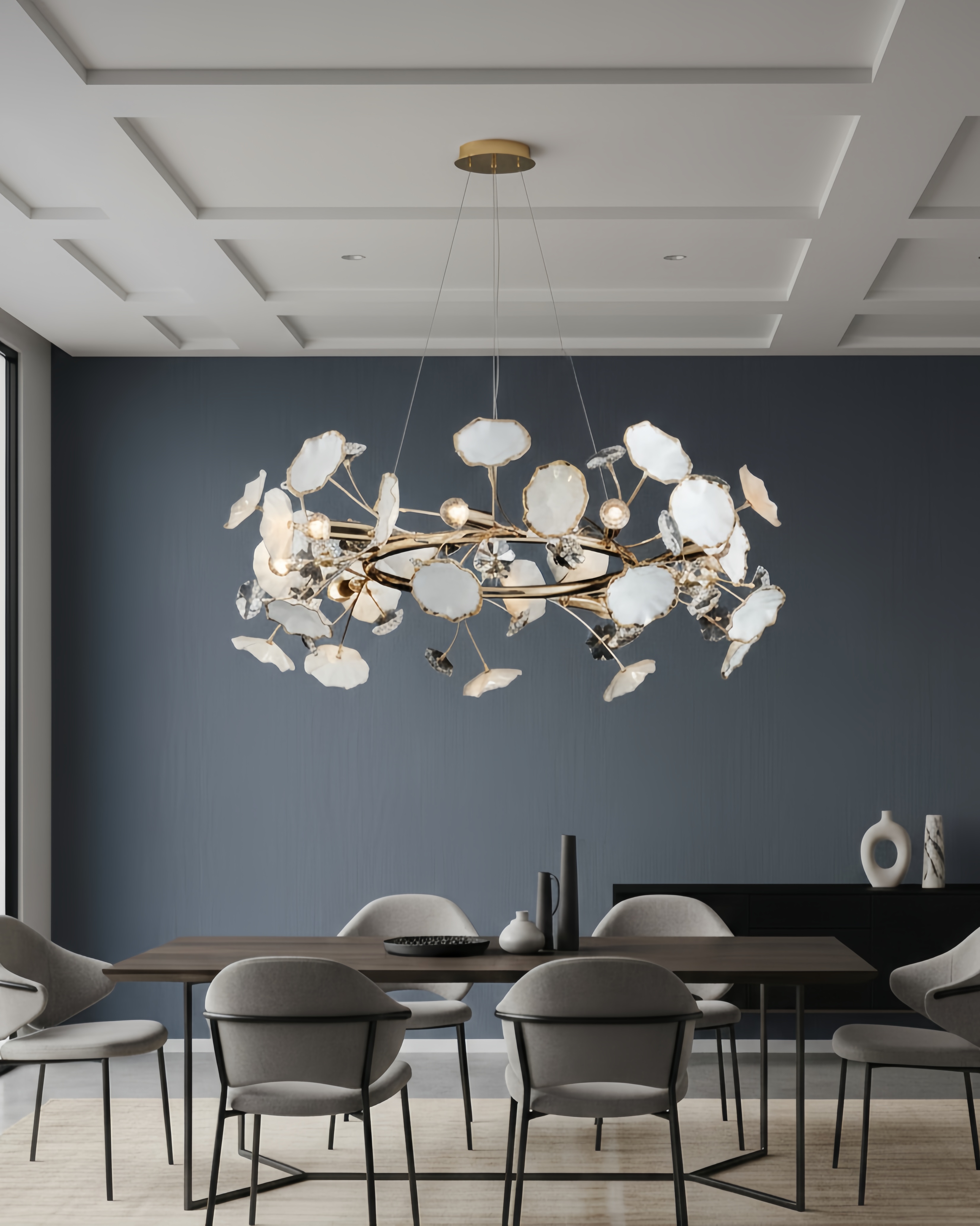 Đèn chùm thả trần hoa sứ và pha lê SNT6236 nổi bật với vẻ đẹp sang trọng, mềm mại và đầy tính nghệ thuật. Thiết kế lấy cảm hứng từ những nhành hoa bay ....