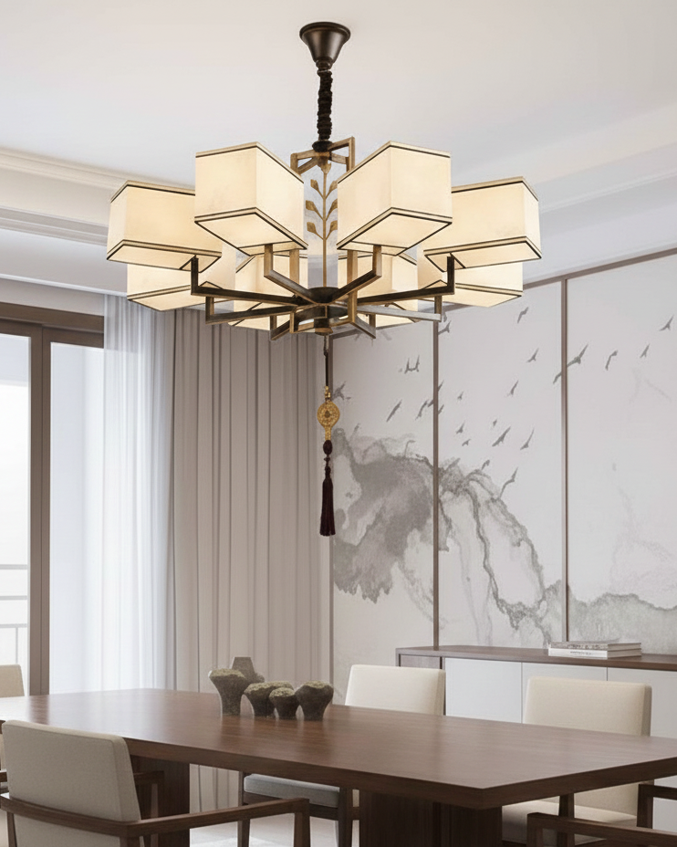 Đèn chùm lục giác hoàng phong SNT6299 sở hữu thiết kế nổi bật với tám chao đèn hình hộp vuông được bố trí đồng đều quanh khung trung tâm.....