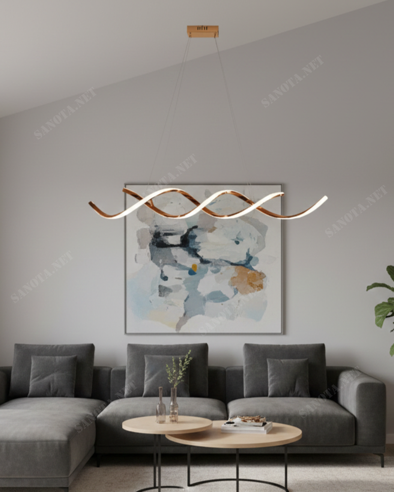 Đèn thả bàn ăn inox hồng dải sáng SNT6304 điểm nhấn ấn tượng nhất của chiếc đèn chính là cấu trúc hai dải Inox hồng Champagne uốn lượn nhịp nhàng.....