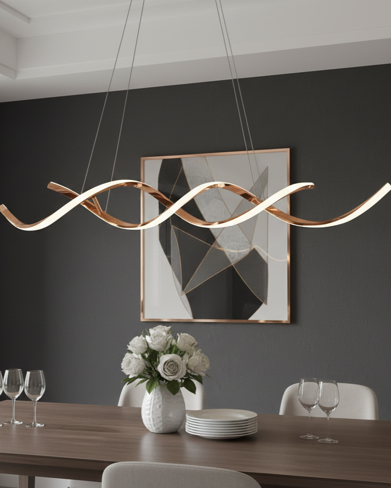 Đèn thả bàn ăn inox hồng dải sáng SNT6304 điểm nhấn ấn tượng nhất của chiếc đèn chính là cấu trúc hai dải Inox hồng Champagne uốn lượn nhịp nhàng.....