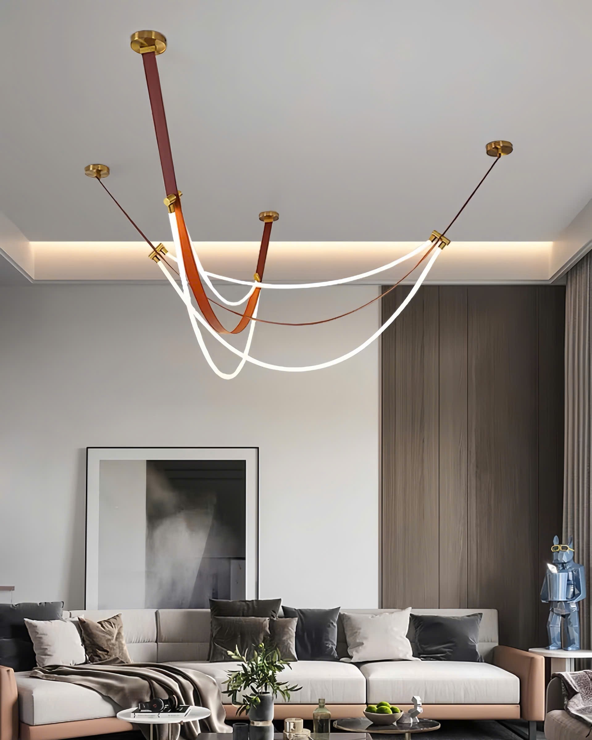 Đèn thả dây da đan nghệ thuật SNT6307 nổi bật với cấu trúc treo trần lạ mắt. Mô phỏng hình ảnh những chiếc dây đai được uốn cong duyên dáng...