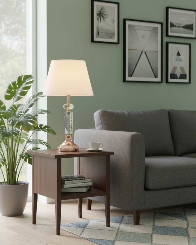 Đèn bàn pha lê thanh lịch SNT6324 - kết hợp giữa kim loại mạ màu vàng hồng (rose gold) thời thượng và khối pha lê tròn trong suốt ở cổ đèn...