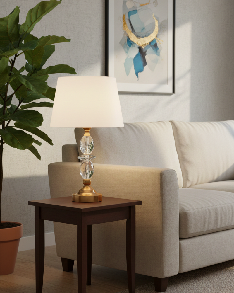 Đèn bàn pha lê đối xứng SNT6325 gây ấn tượng mạnh bởi hai khối pha lê lớn hình giọt nước được nối với nhau bằng các khớp kim loại mạ vàng sáng bóng...